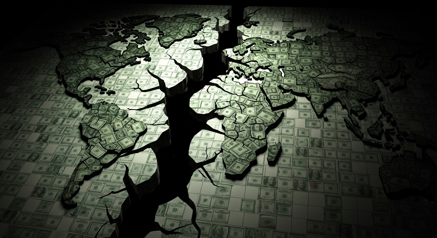 A cracked world map made of dollar bills, symbolizing global corruption and financial collapse.
