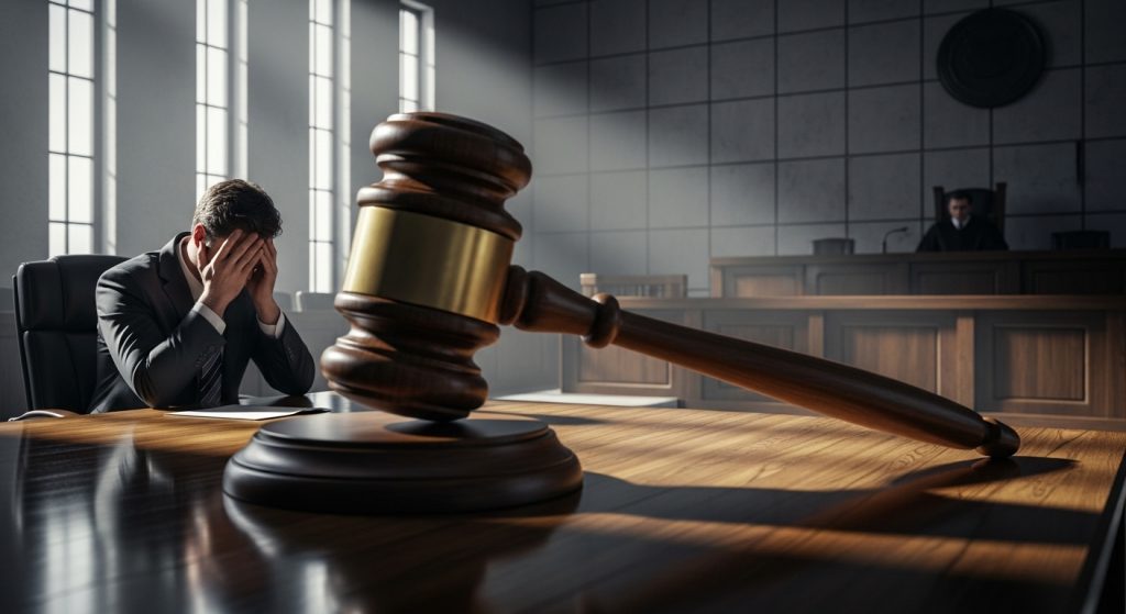 A man holding his head in despair beside a judge’s gavel in court, symbolizing guilt and punishment.