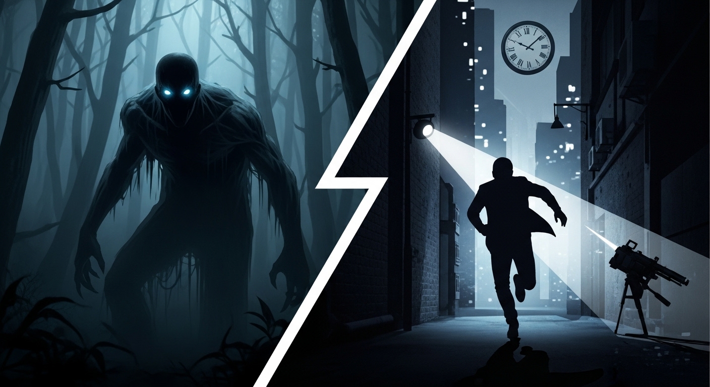 Split image: glowing-eyed monster in dark forest and man running in city alley under spotlight. Split image: glowing-eyed monster in dark forest and man running in city alley under spotlight.
