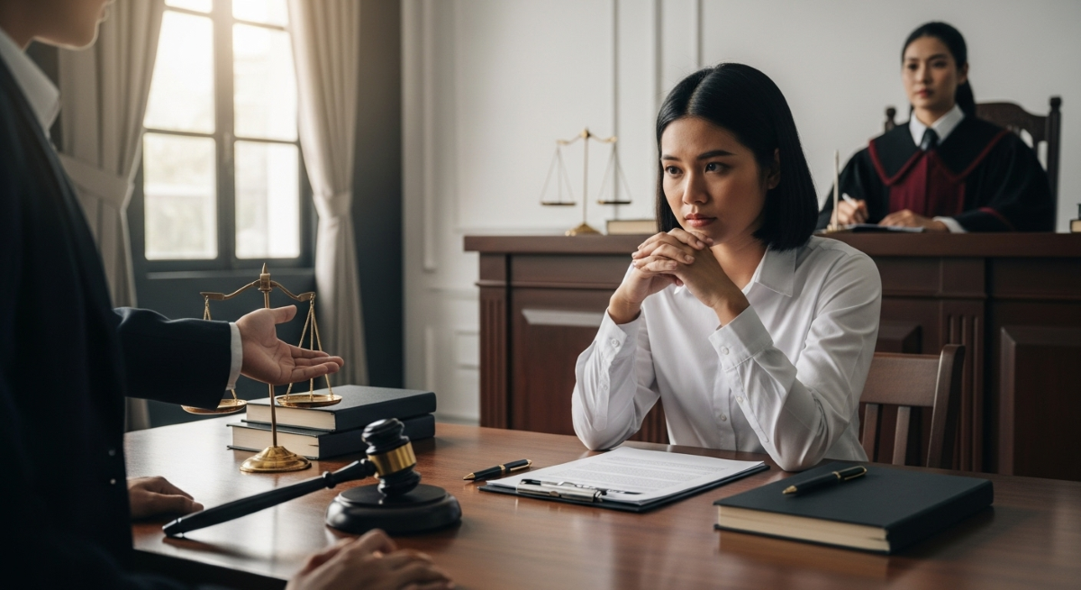 Woman sits with her lawyer in a courtroom as a judge watches during a legal hearing. Woman sits with her lawyer in a courtroom as a judge watches during a legal hearing.