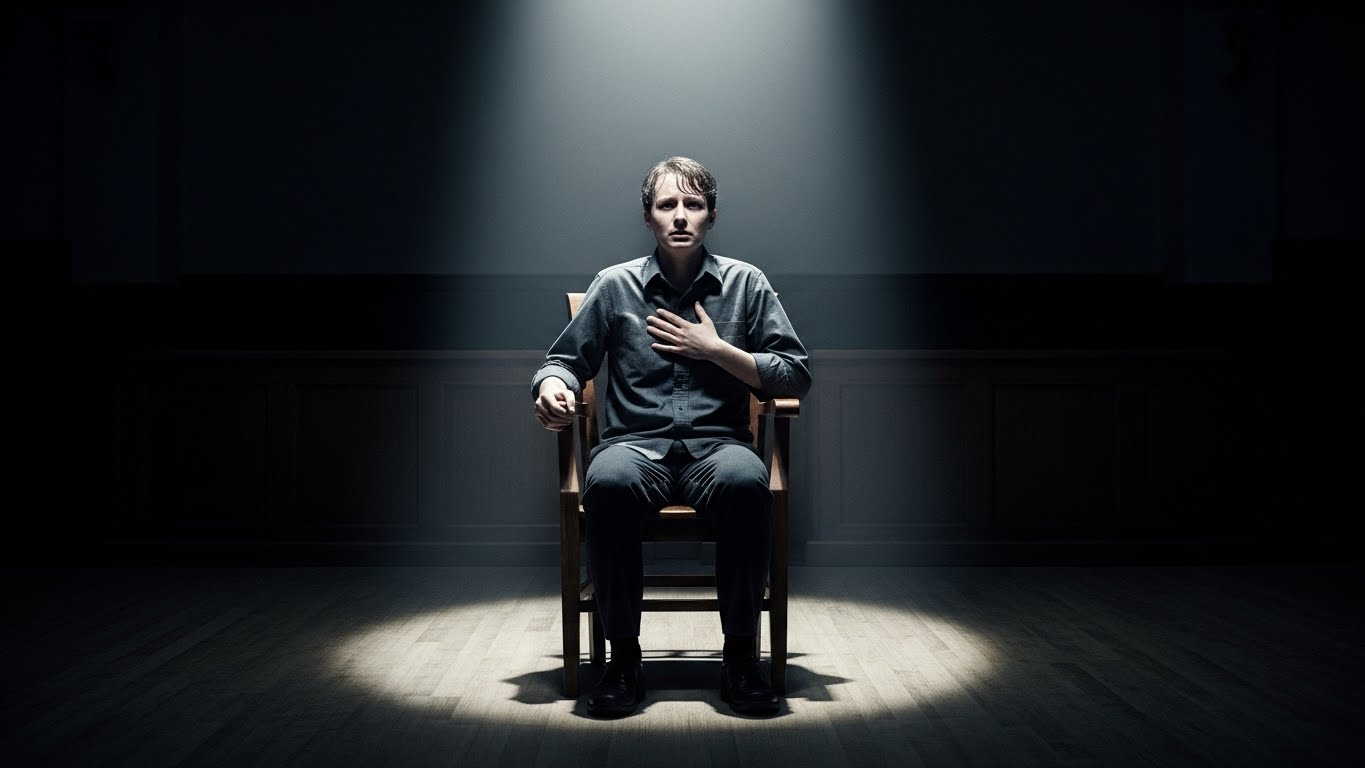 Anxious witness sits under a harsh spotlight in a courtroom, hand on chest, facing intense pressure.