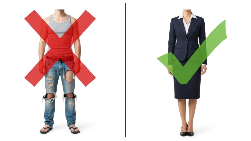 Comparison of inappropriate ripped jeans and tank top versus proper courtroom attire in a navy suit.