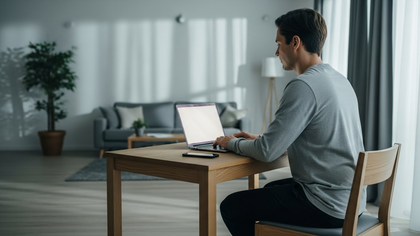 Person working on a laptop at a home desk, illustrating sedentary behavior and reduced activity due to technology