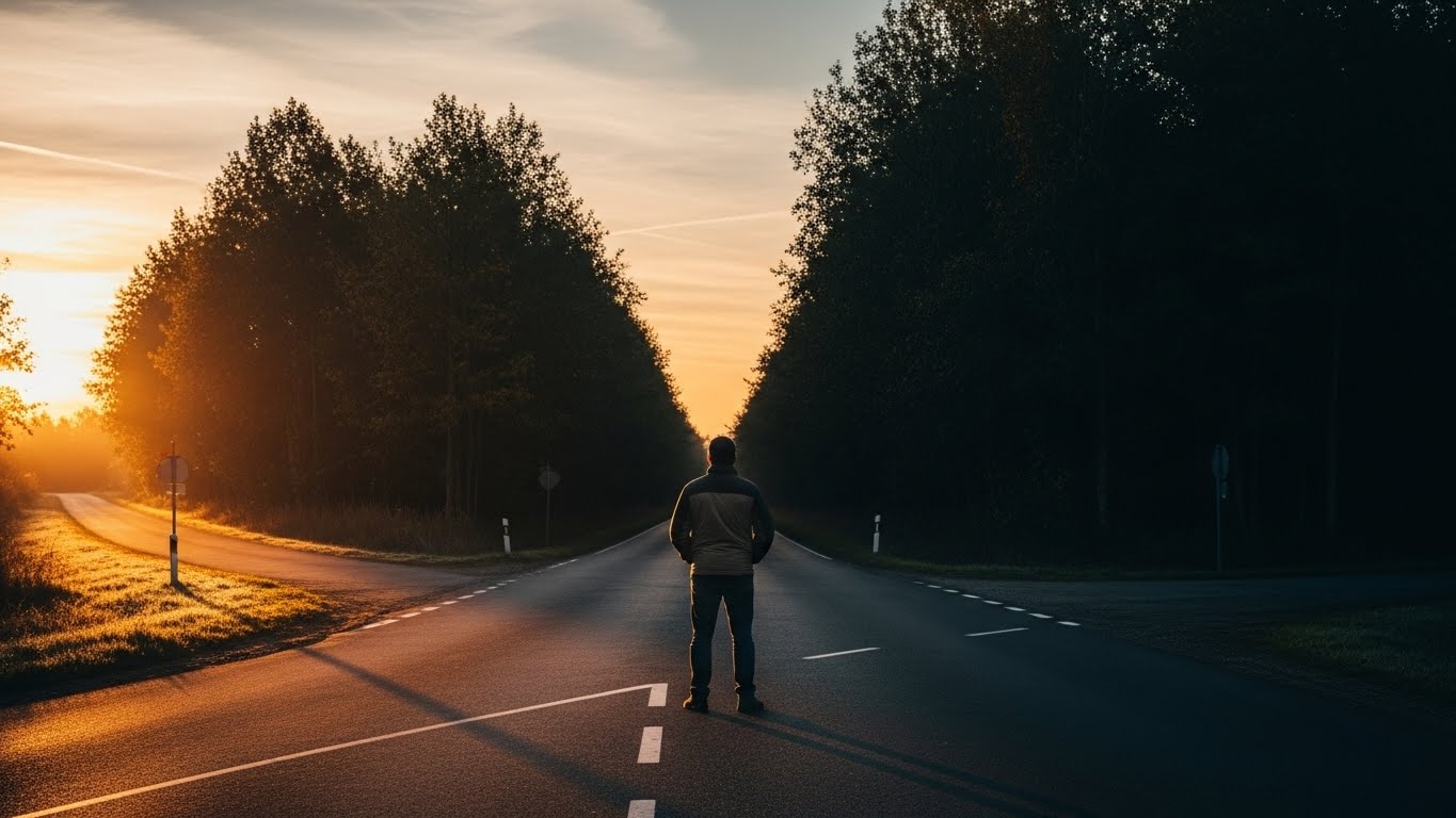 A lone person stands at a crossroads at sunrise, facing two diverging roads that symbolize choice and consequence.