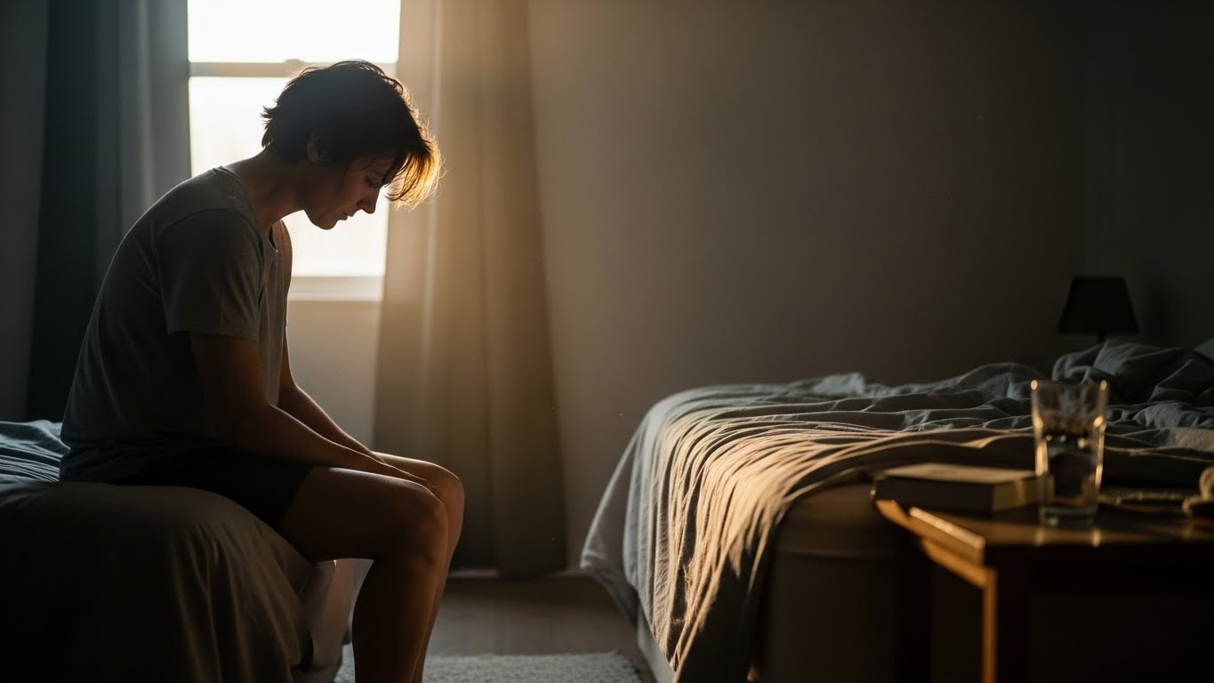 A person sits on the edge of a bed at dawn, head bowed in quiet reflection, showing regret and emotional awareness. A person sits on the edge of a bed at dawn, head bowed in quiet reflection, showing regret and emotional awareness.
