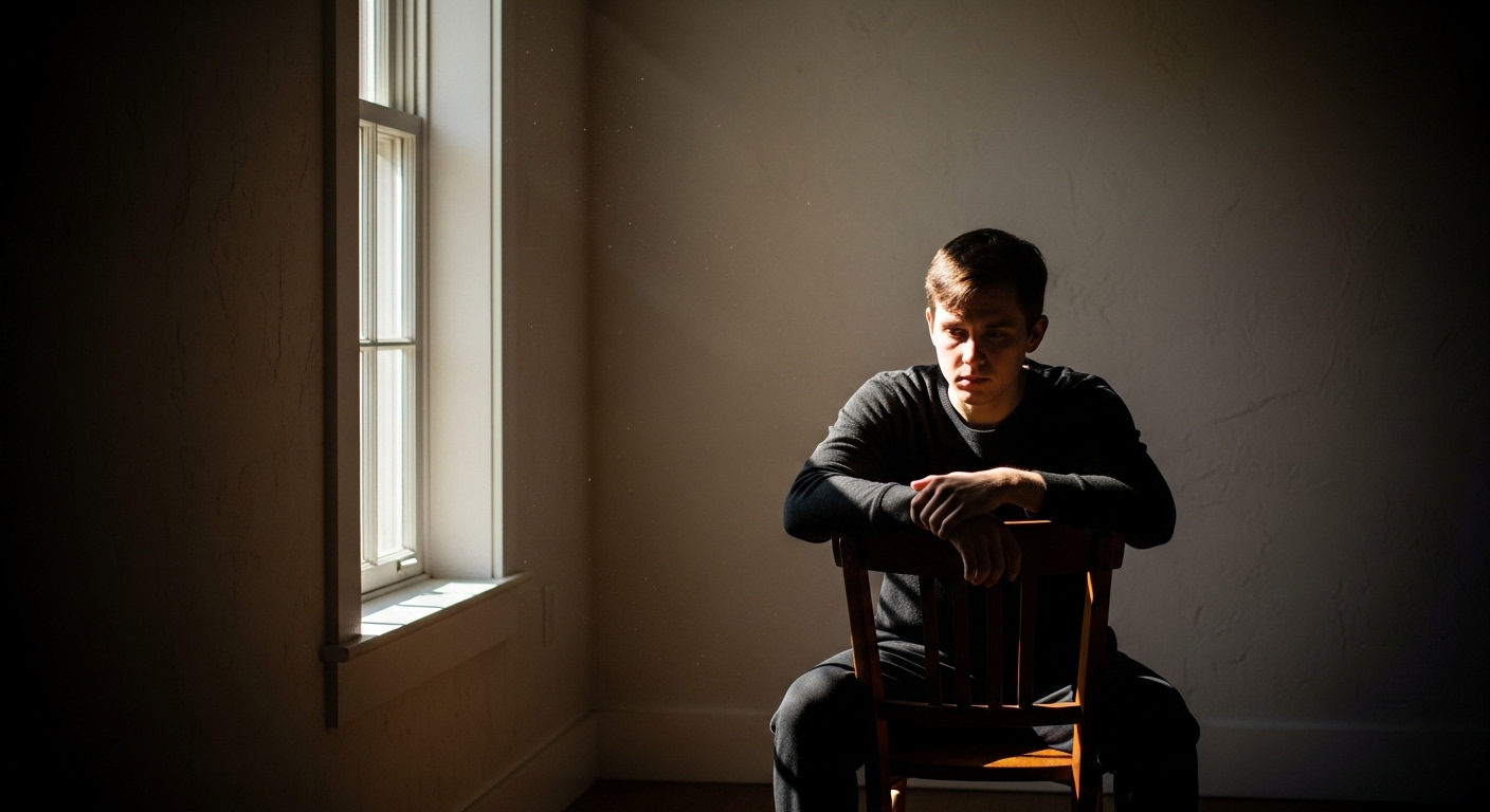 Man sitting alone in dim room by window, reflecting on accountability, consequences, and self-awareness