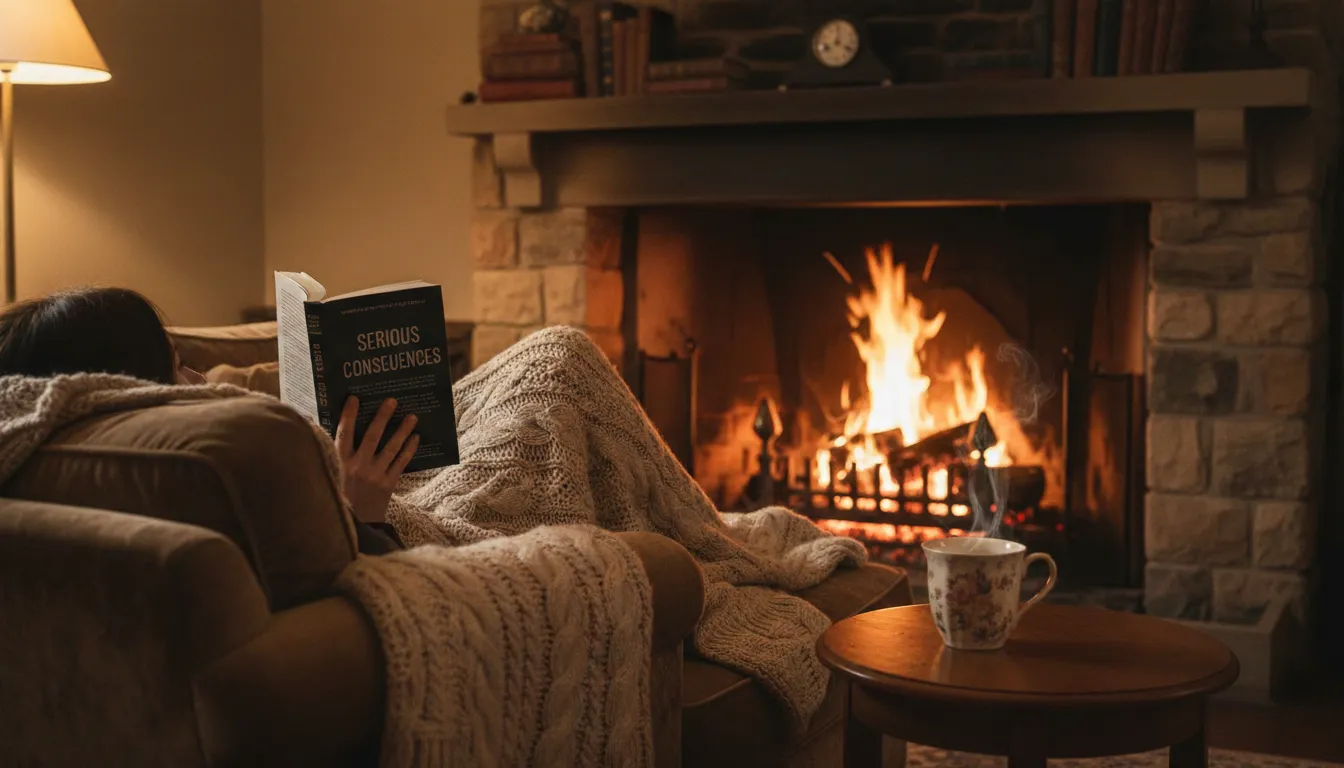 A person reading Serious Consequences by the fireplace, cozy under a blanket with a cup of tea.
