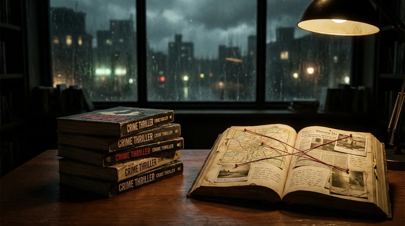 Crime thriller books and an open evidence journal on a desk with a rainy city skyline at night.