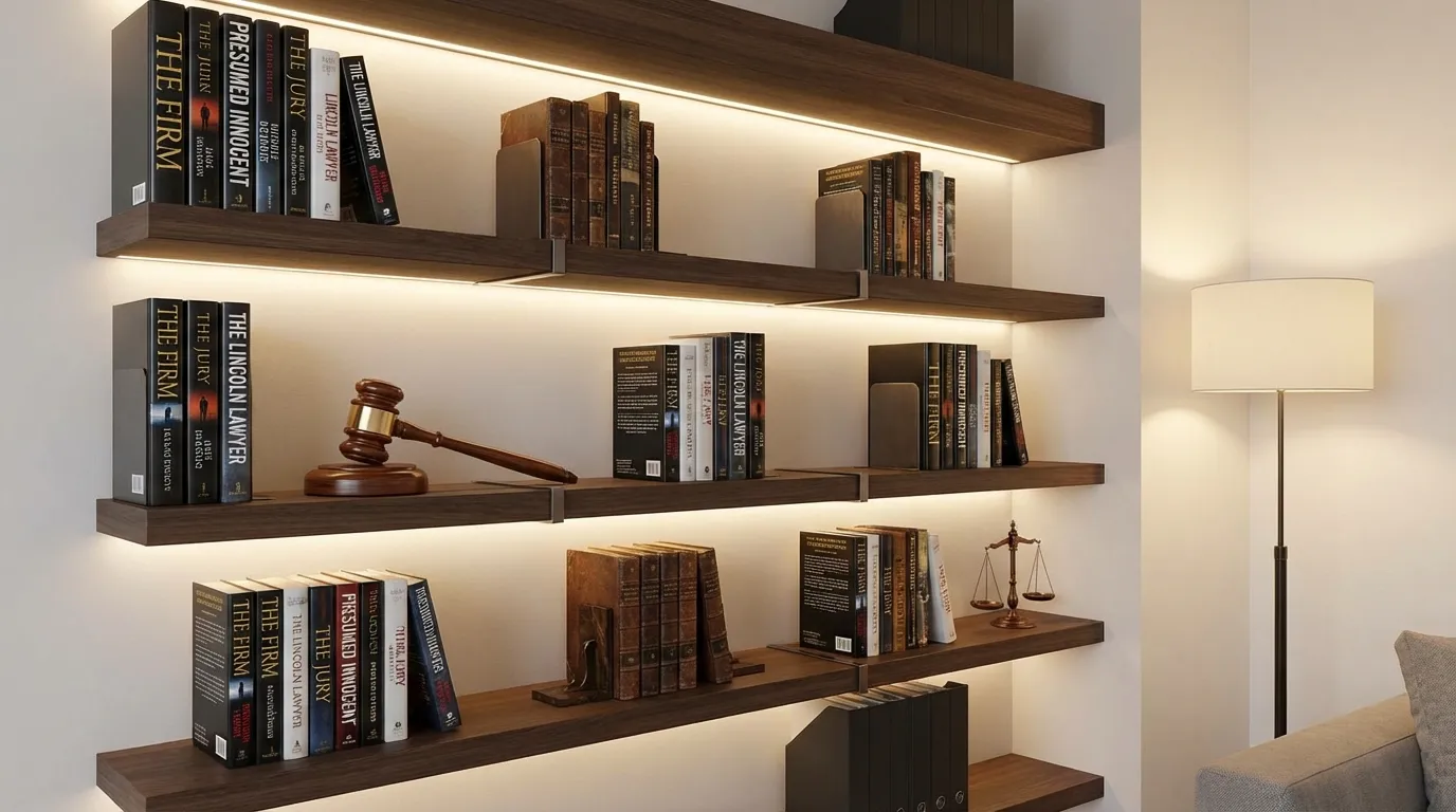 Curated shelf of legal thrillers with gavel and justice scale in modern minimalist setting