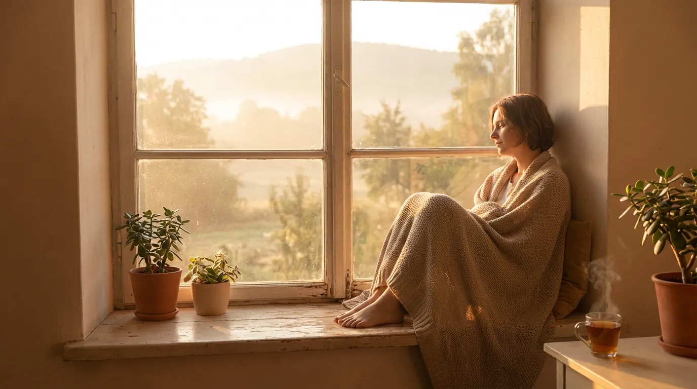 person reflecting quietly by window symbolizing healing from trauma and inner peace